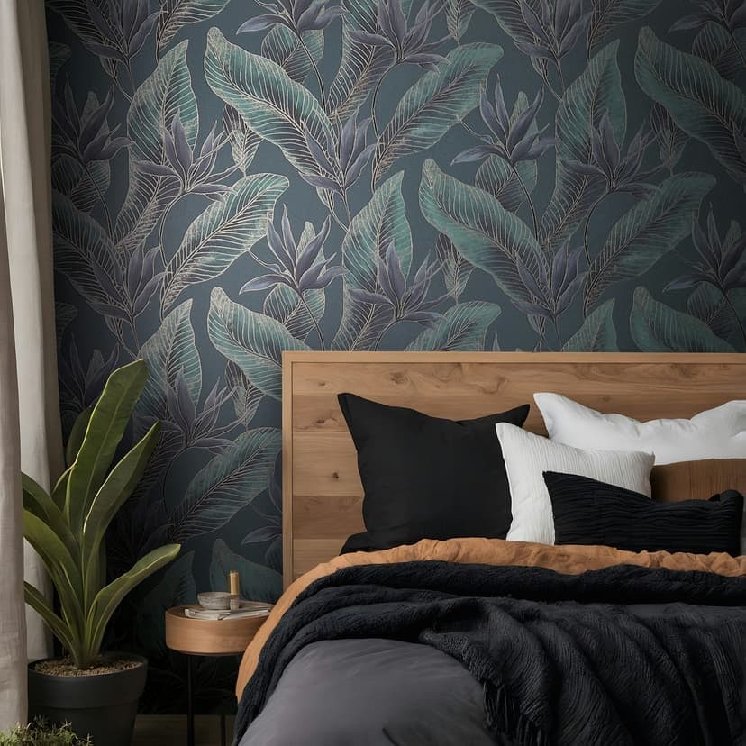 Papel pintado no tejido flores, hojas naturaleza floral en verde