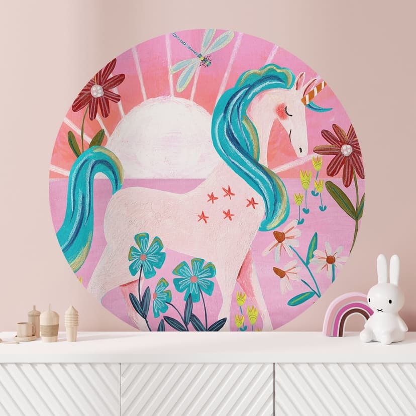 Vinilo decorativo unicornio sobre prado de flores de colores - Bonne Müller - Redondo