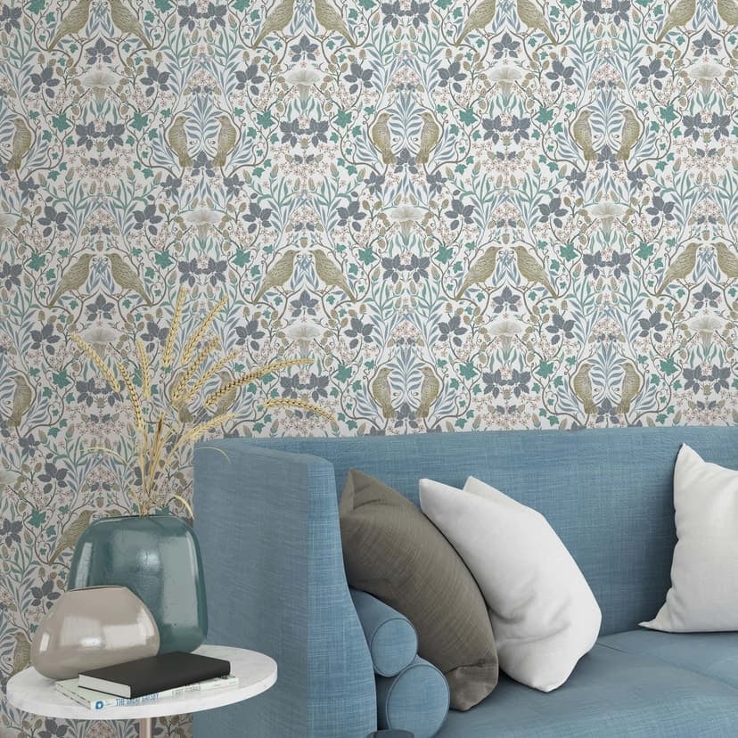 Papel pintado no tejido pájaros, flores naturaleza floral en blanco