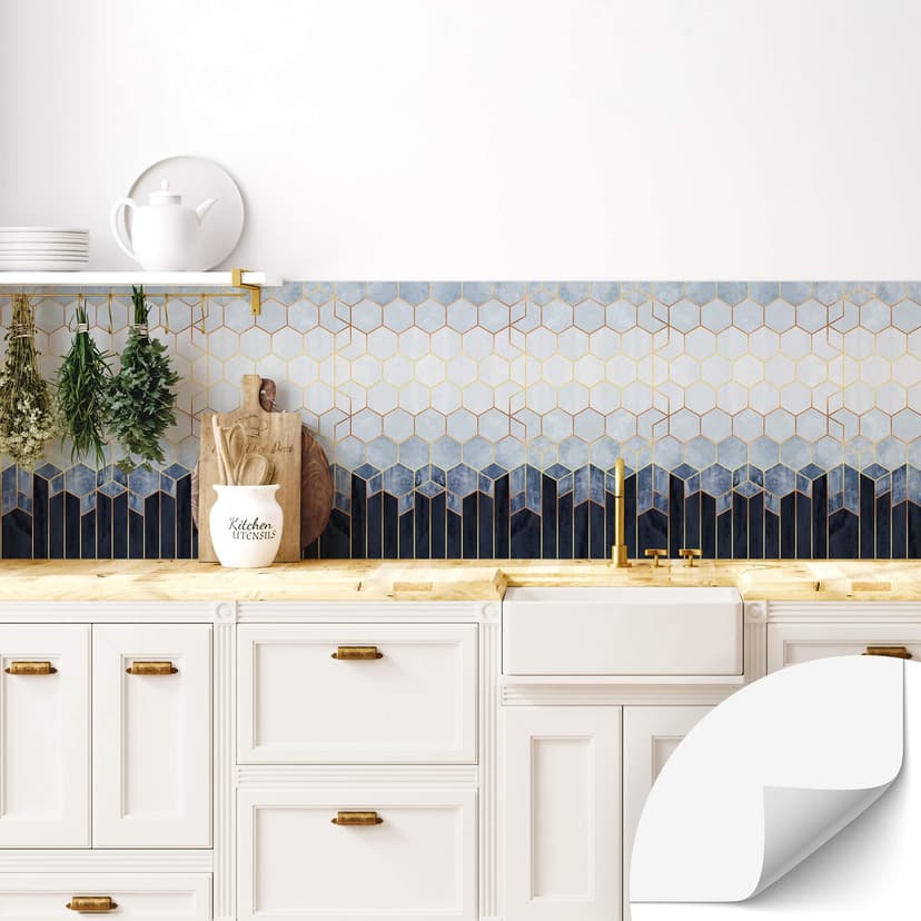 Salpicadero de cocina autoadhesivo Fredriksson - Hexágonos: Azul y blanco