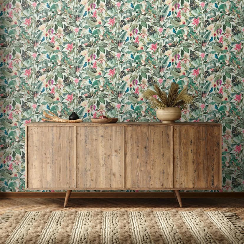 Papel pintado no tejido en verde hojas flores naturaleza floral