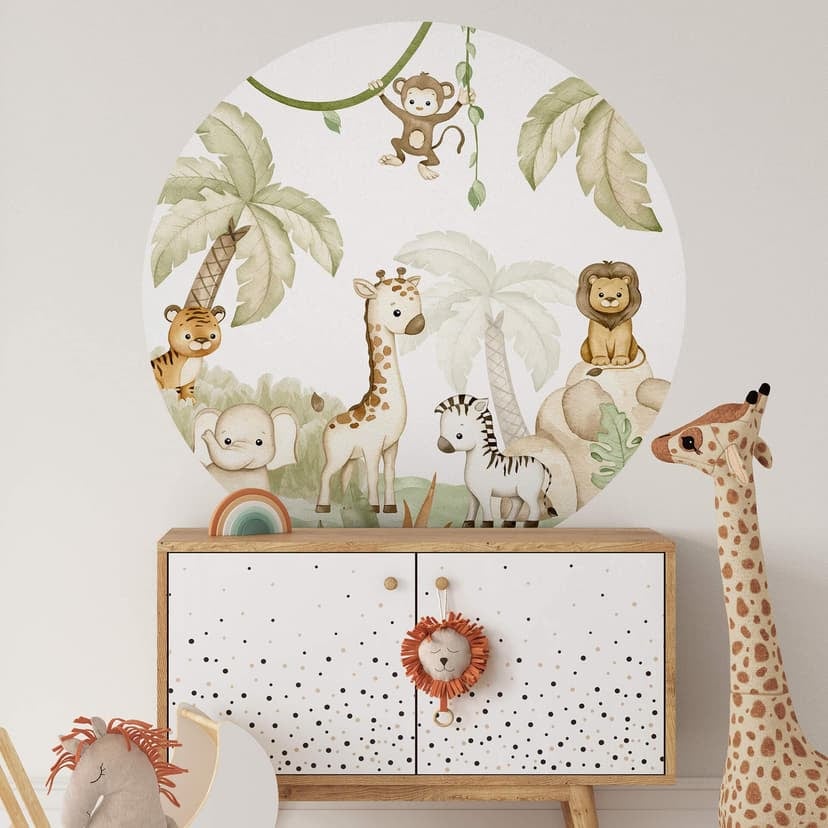 Vinilo decorativo para habitación de bebé - Oliver Robins - Animales lindos bajo palmeras - Redondo