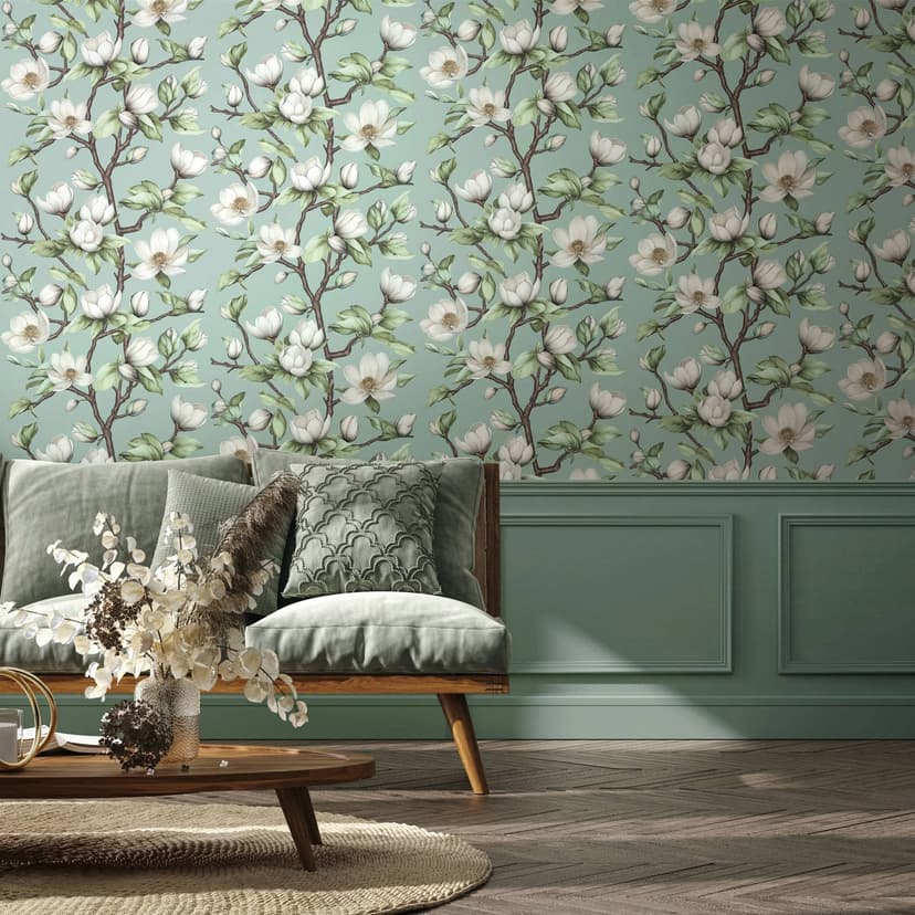 Papel pintado no tejido ramas, flores naturaleza floral mate en verde blanco