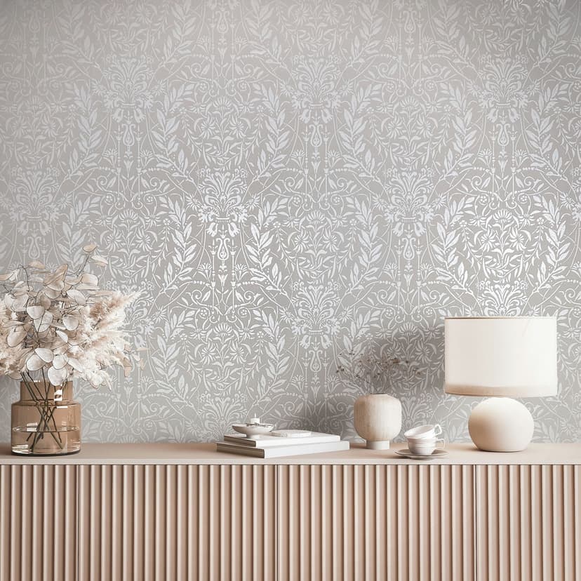 Papel pintado no tejido Ornamento Floral Naturaleza en gris beige