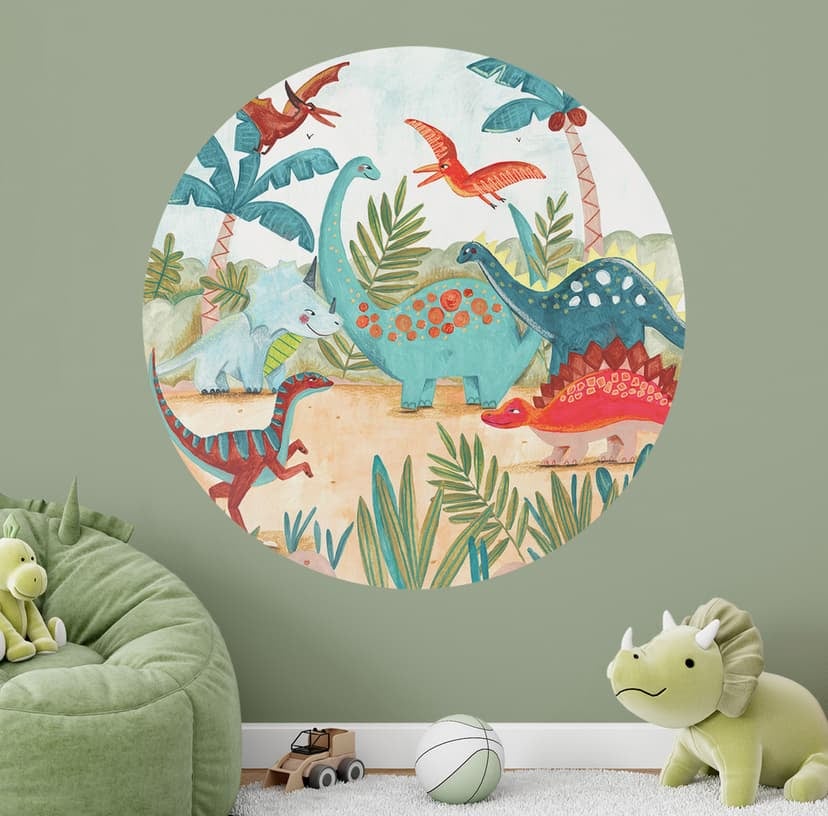 Vinilo decorativo para habitación infantil - Dinosaurios de colores en el bosque primitivo - Bonne M