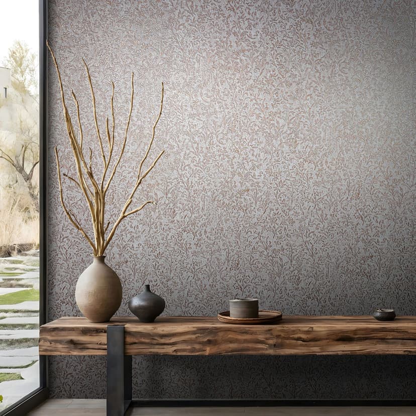 Papel pintado no tejido de color gris, motivo hoja de cobre naturaleza floral