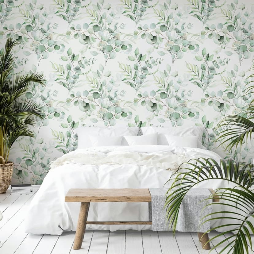 Papel pintado no tejido hojas, ramas naturaleza floral mate en blanco verde
