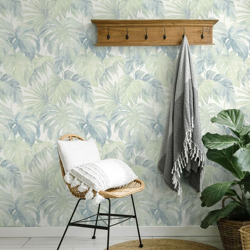 Papel pintado no tejido hojas en verde azul tropical sutil moderno botánico