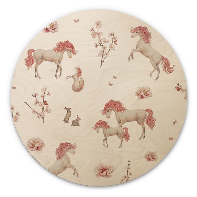 Cuadro de madera Sueño de unicornio en el país de las flores - Kikki Belle - Redondo