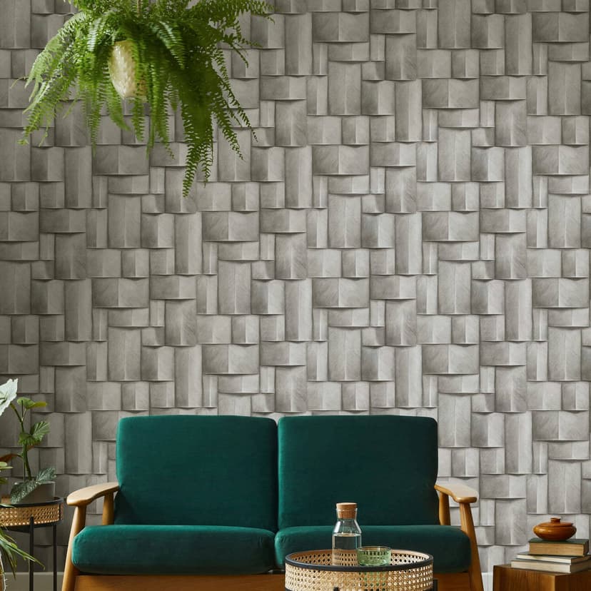 Papel pintado no tejido con motivo madera geométrico blanco, marrón aspecto 3D