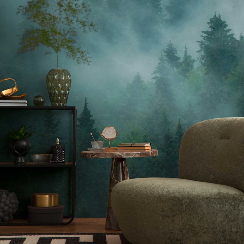 Fotomural 3D verde bosque - Papel pintado no tejido con motivo de niebla para salón & dormitorio