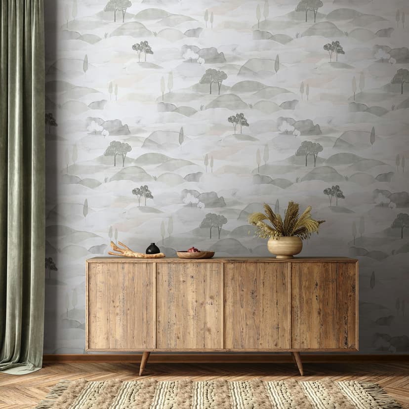 Papel pintado no tejido paisaje gráfico naturaleza mate en gris blanco