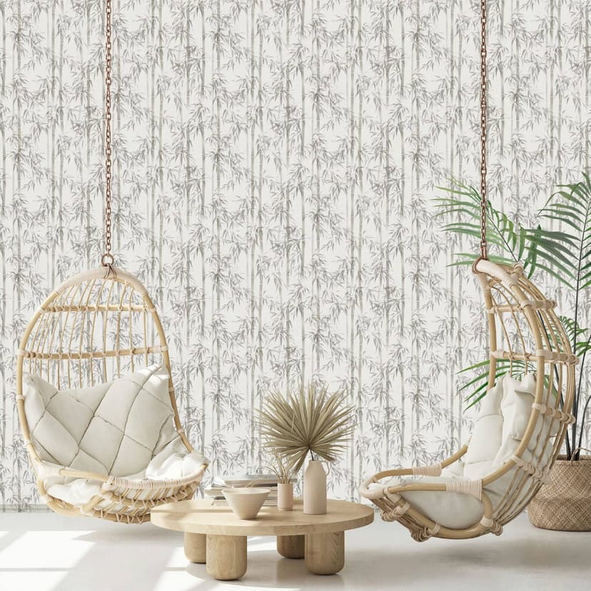 Papel pintado no tejido de color gris hojas de bambú naturaleza floral