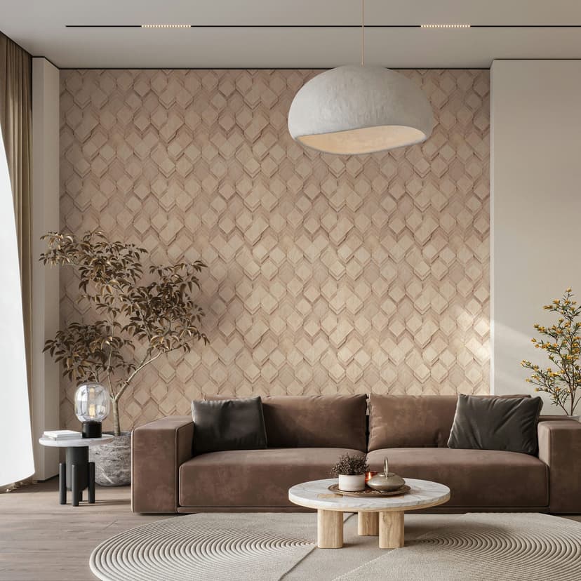 Papel pintado no tejido de color beige ilusión de rombos aspecto 3D moderno