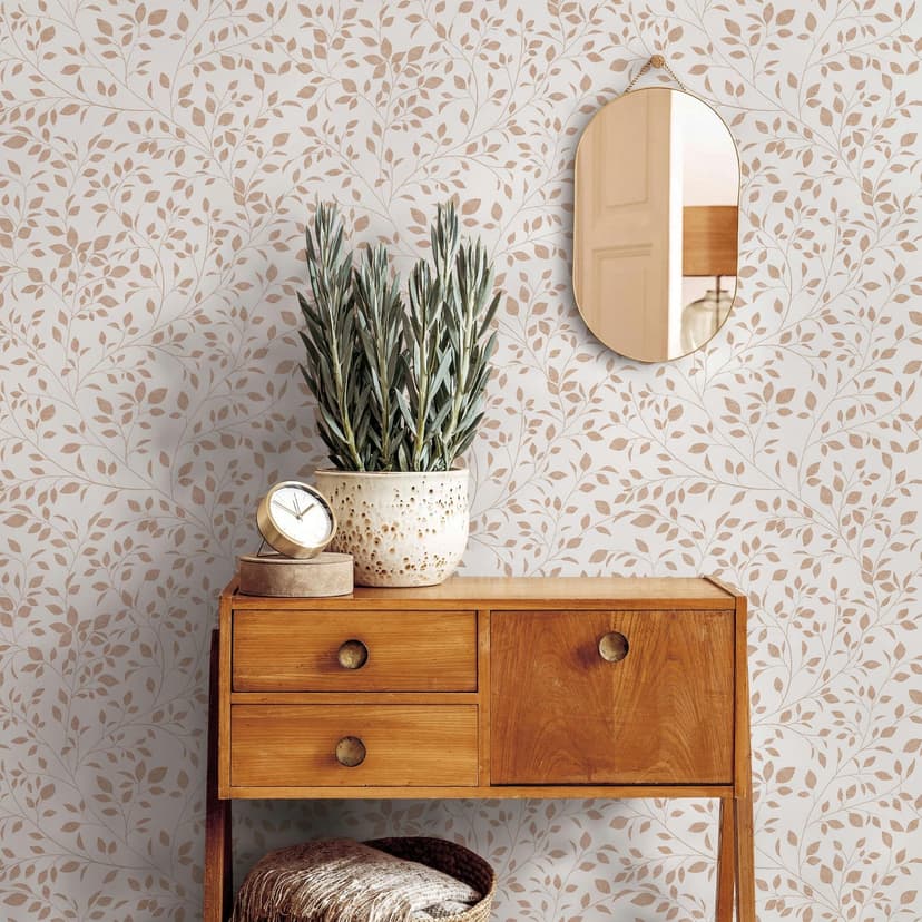 Papel pintado no tejido hojas naturaleza floral mate en blanco beige