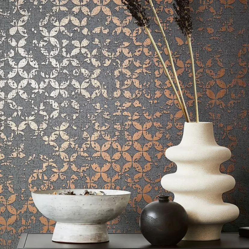 Papel pintado no tejido en estilo estrella ornamental gráfico antracita