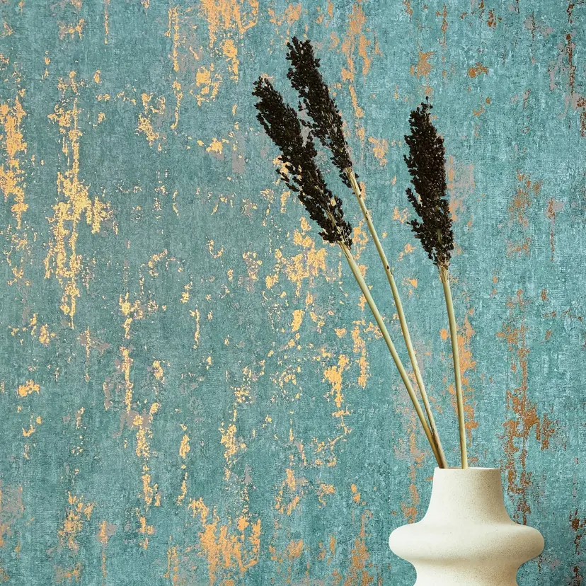 Papel pintado no tejido con aspecto de hormigón verde brillante y de textura gruesa