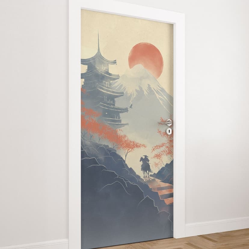 Vinilo para puerta Amanecer en la Pagoda - Roze - Decoración autoadhesiva para puertas