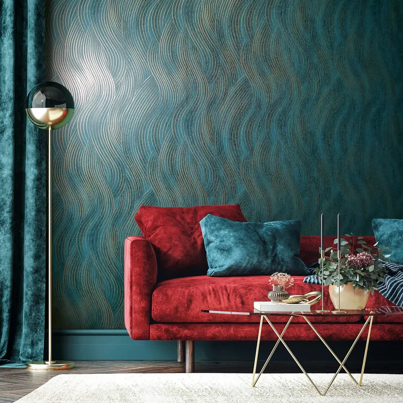 Papel pintado no tejido de color verde, dorado textura ondulada aspecto gráfico moderno