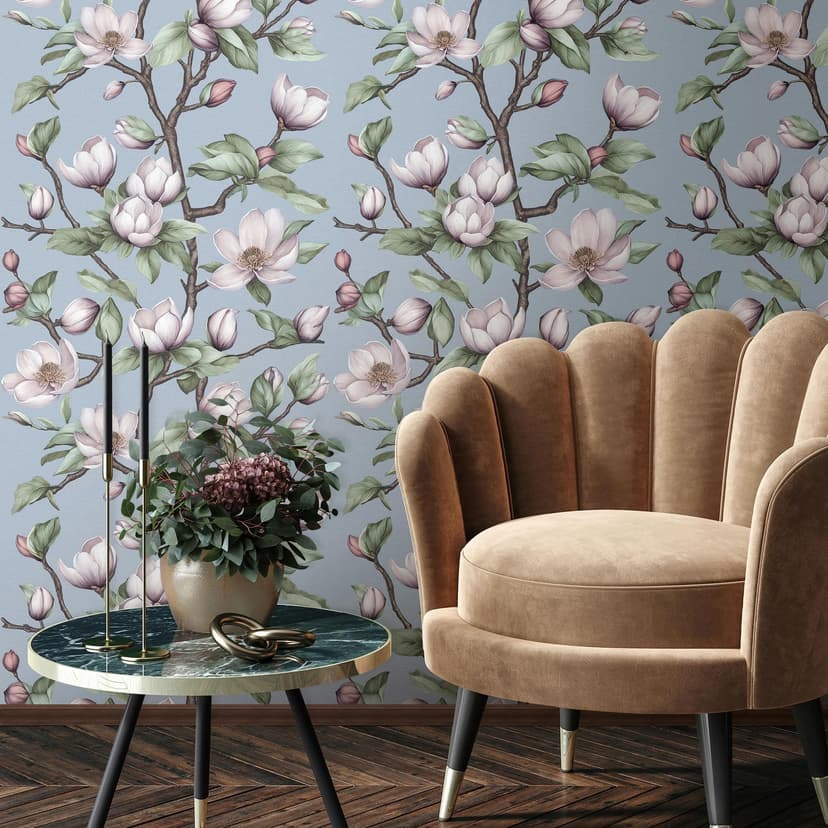 Papel pintado no tejido ramas, flores naturaleza floral mate en azul púrpura