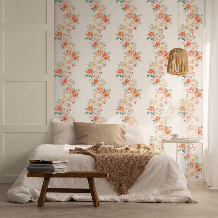 Papel pintado no tejido flores naturaleza floral, romántico, moderno mate en blanco naranja