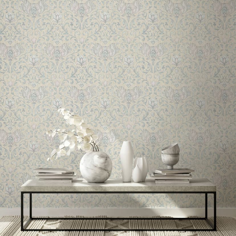 Papel pintado no tejido con flores, hojas ornamentales beige brillante floral