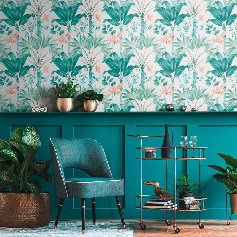 Papel pintado selva en estilo gráfico blanco verde - Papel pintado no tejido hojas de palmera