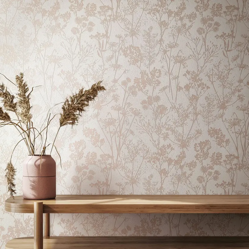 Papel pintado tejido-no tejido en blanco, beige motivo hoja aspecto floral naturaleza