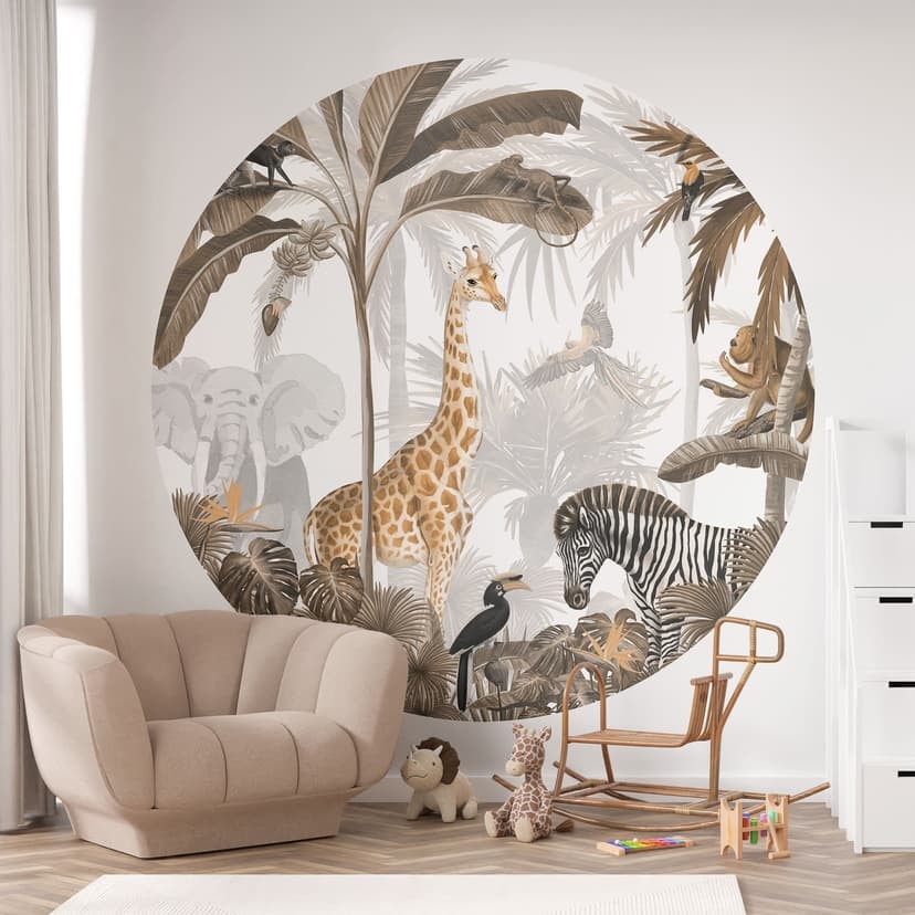 Fotomural de habitación infantil Kikki Belle - Jungle Jive - Sepia - Redondo - Papel pintado autoadh