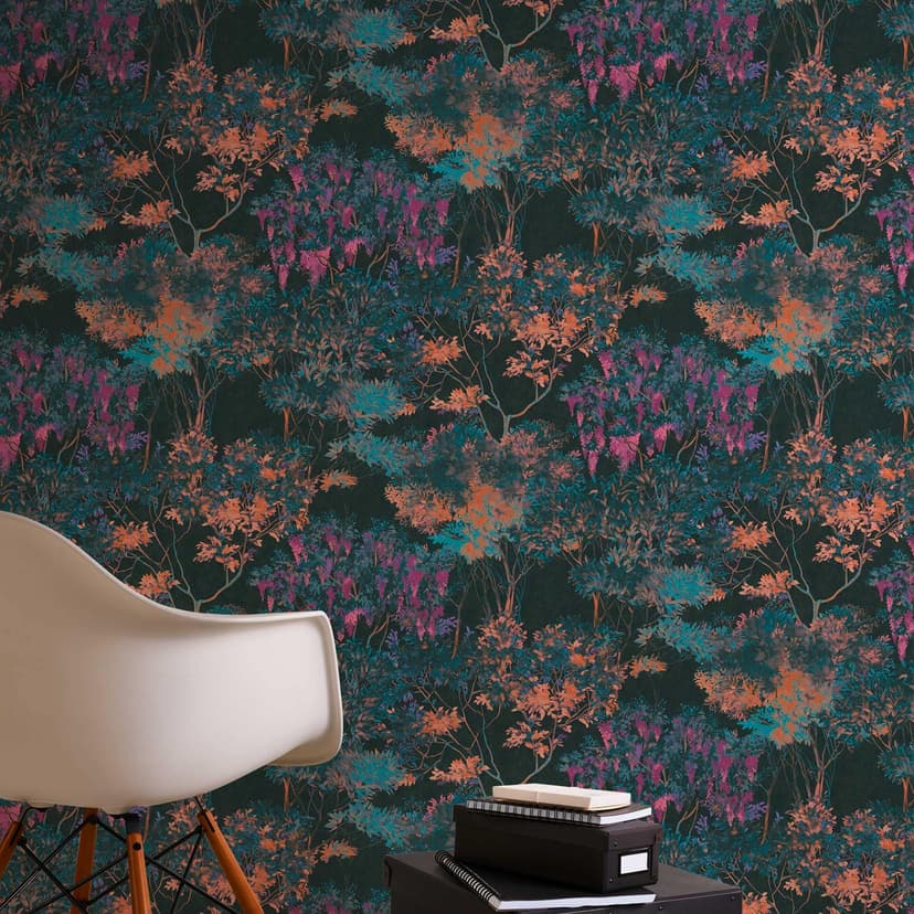 Papel pintado tejido-no tejido floral con árboles, negro, colorido - papel pintado con aspecto de acuarela