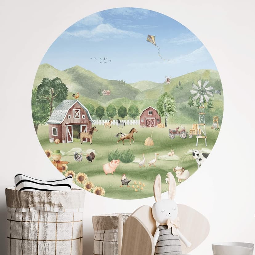 Vinilo decorativo para habitación infantil - Oliver Robins - Granja colorida con animales - Redondo