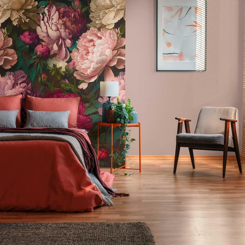 Fotomural flores rojo oscuro rosa - papel pintado no tejido para dormitorio - diseño romántico