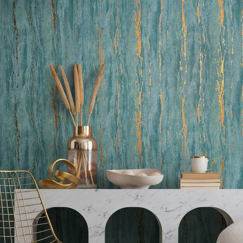 Papel pintado no tejido con aspecto de yeso verde brillante y de textura gruesa
