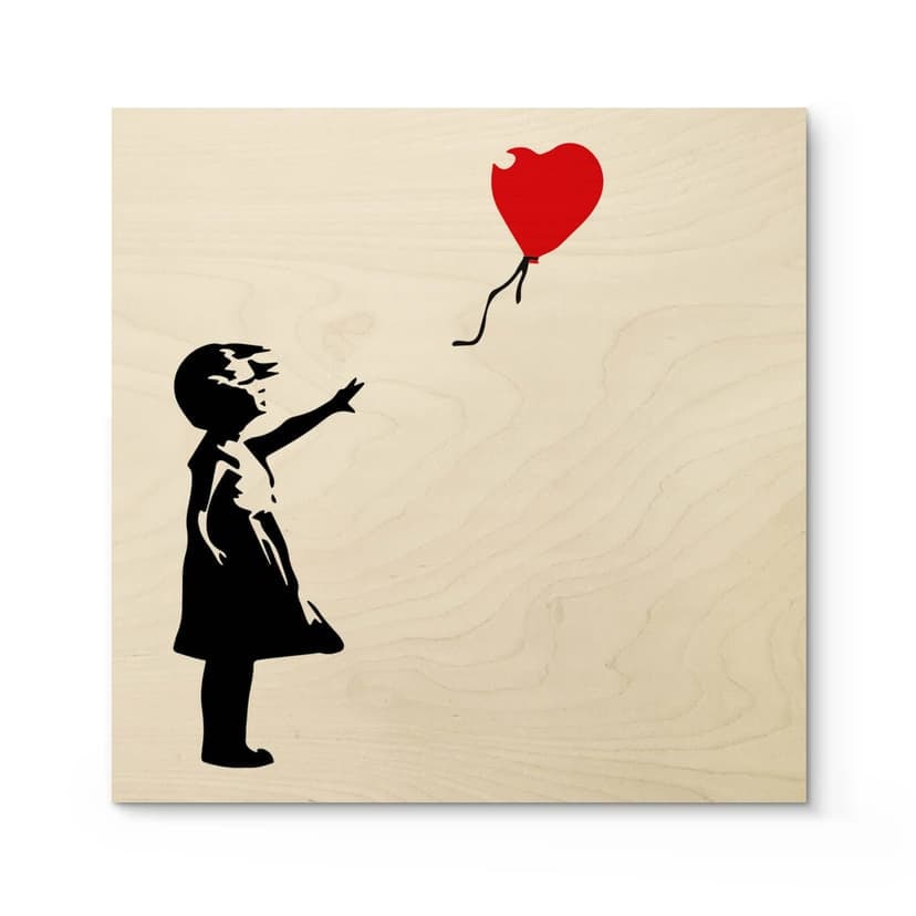 Cuadro de madera Banksy - Niña con el globo rojo - Cuadrado
