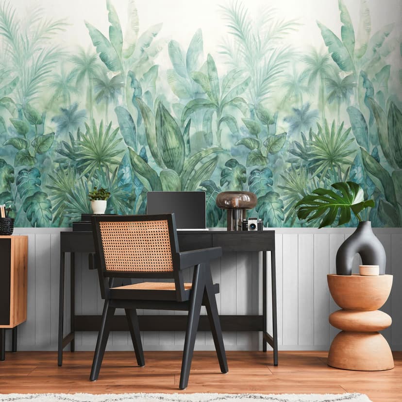 Papel pintado Acuarela trópico con panel de madera verde blanco - Papel pintado no tejido, extensible