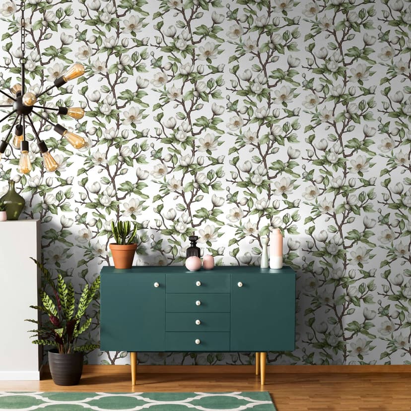 Papel pintado no tejido ramas, flores naturaleza floral blanco verde