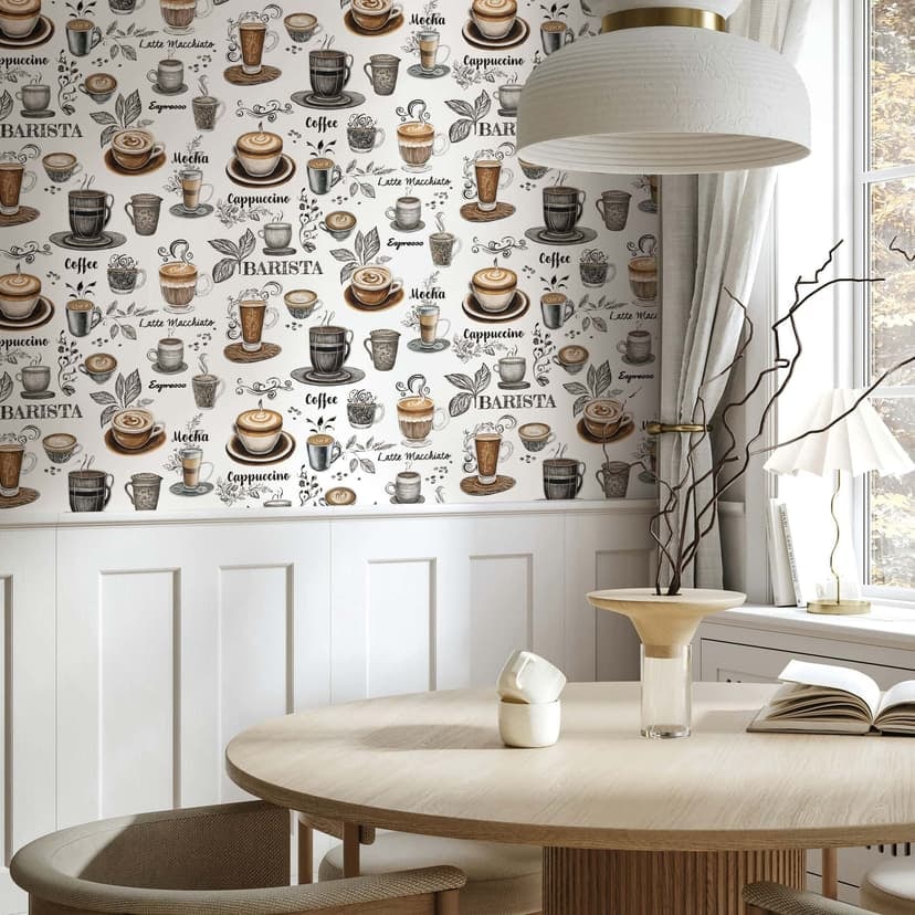 Papel pintado no tejido motivo café gráfico moderno mate en blanco
