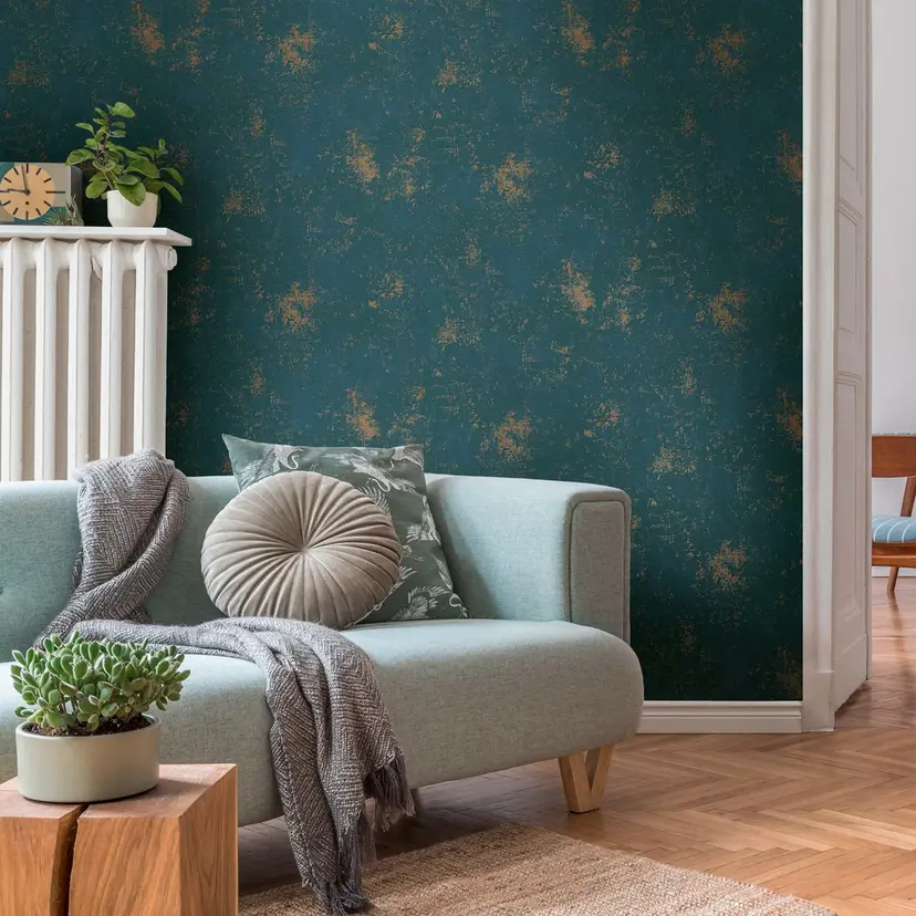Papel pintado no tejido azul petróleo efecto metalizado dorado para salón, cocina