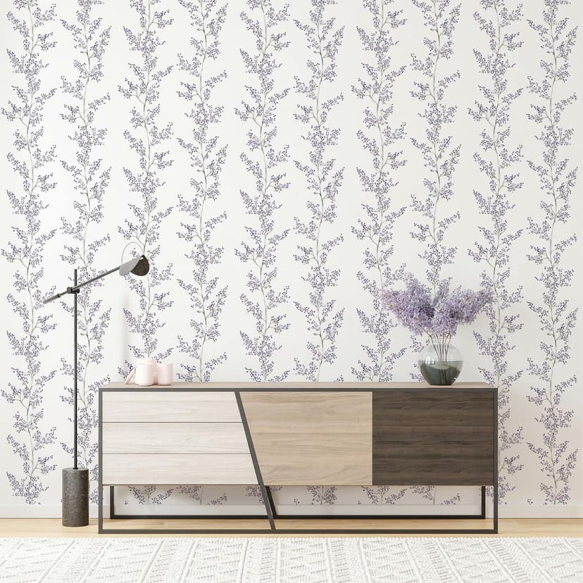 Papel pintado no tejido hojas, ramas naturaleza floral mate en blanco púrpura