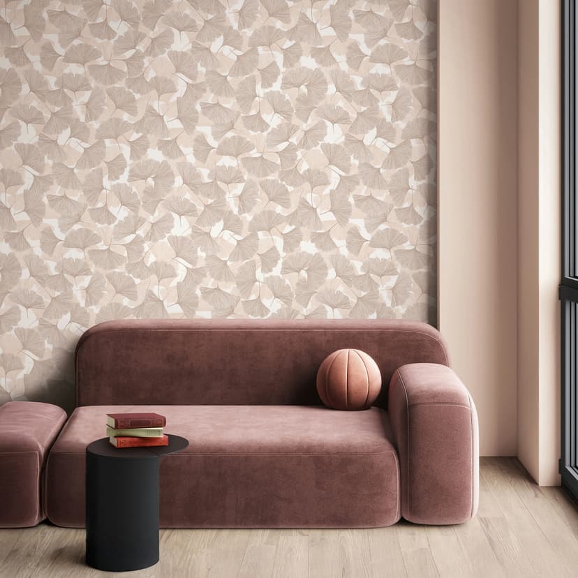 Papel pintado no tejido 3D, hojas naturaleza floral mate en beige marrón