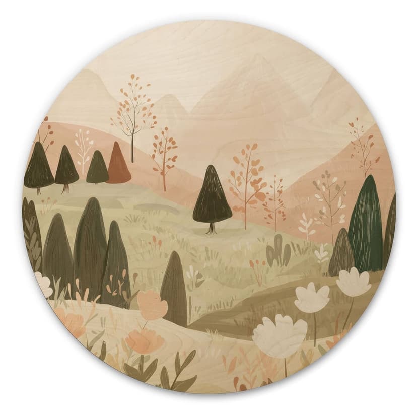 Cuadro de madera pastel paisaje de montaña con flores - Treechild - Redondo