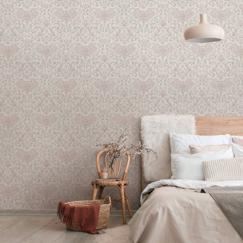 Papel pintado no tejido con flores, hojas ornamentales florales gris brillante