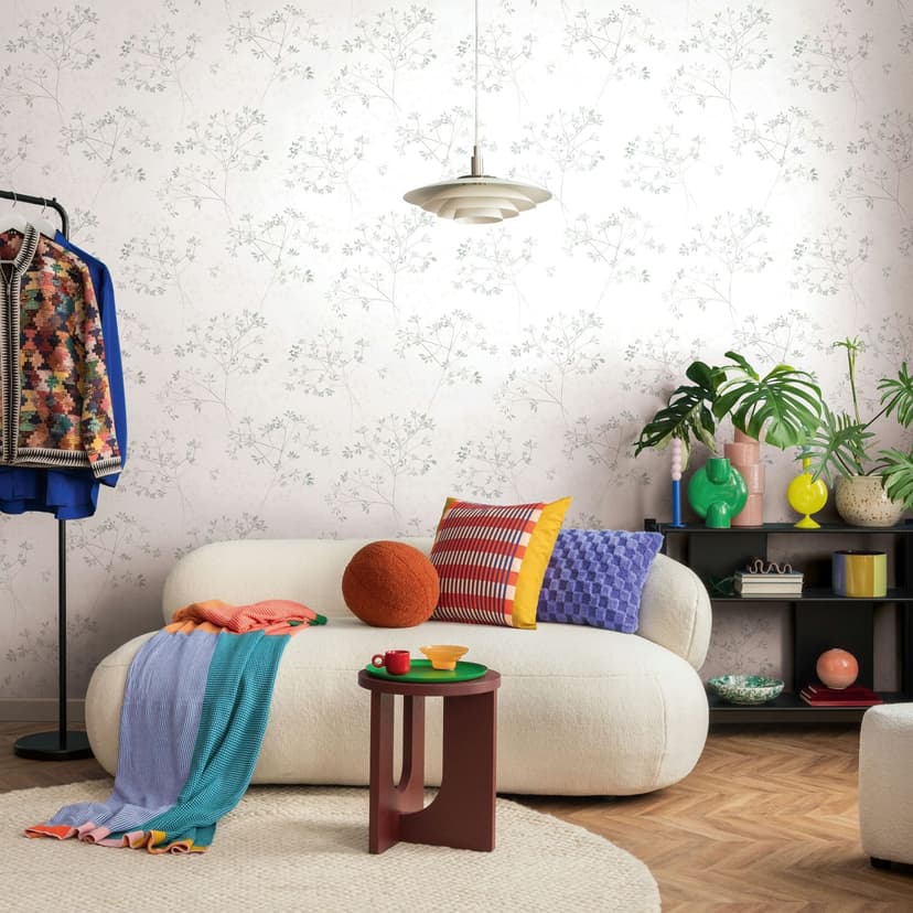 Papel pintado no tejido hojas naturaleza floral mate en blanco verde