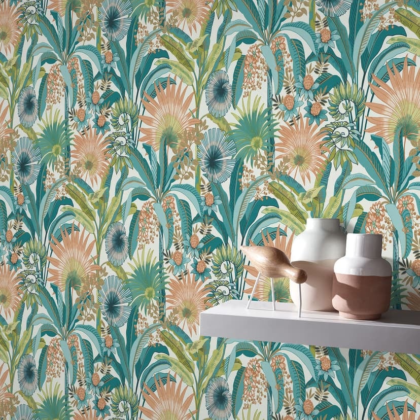 Papel pintado floral, papel pintado no tejido Erismann Martinique turquesa