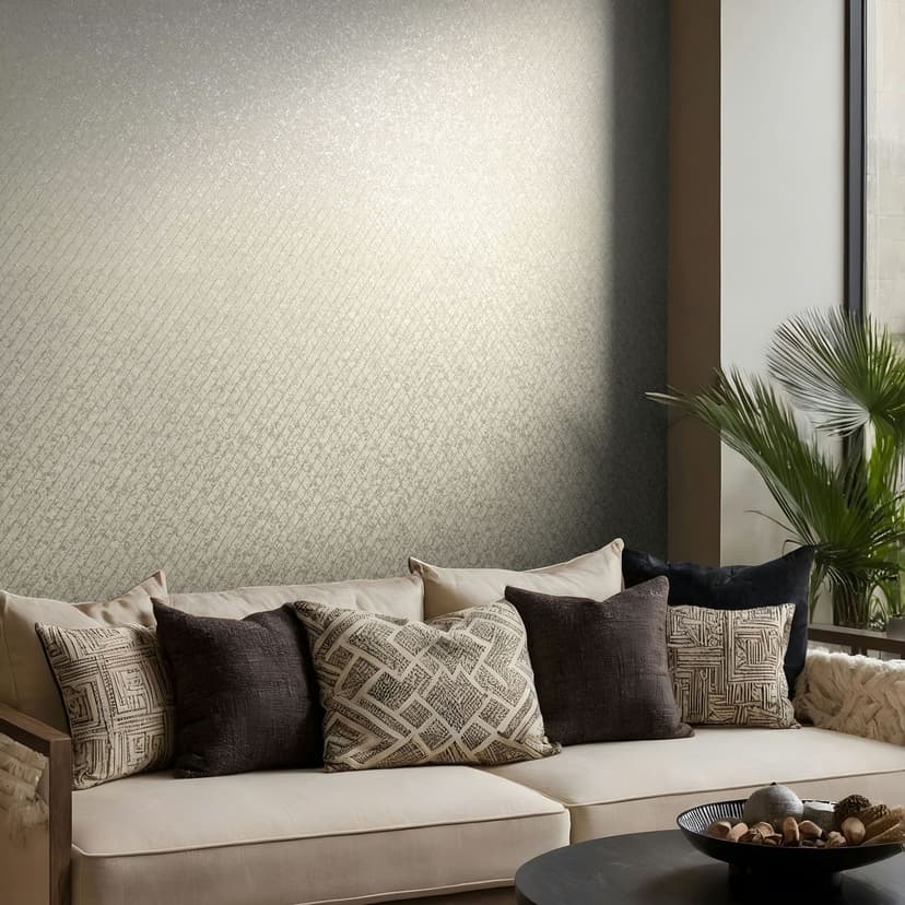 Papel pintado no tejido de color beige con motivo de rombos geométricos gráficos