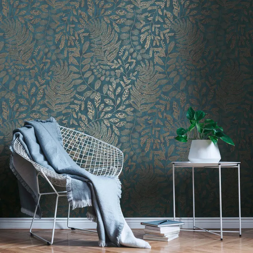 Papel pintado tejido-no tejido florido Petróleo papel pintado azul hojas de palmera papel pintado cocina