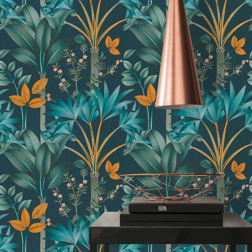 Papel pintado selva en estilo gráfico azul naranja - Papel pintado no tejido hojas de palmera