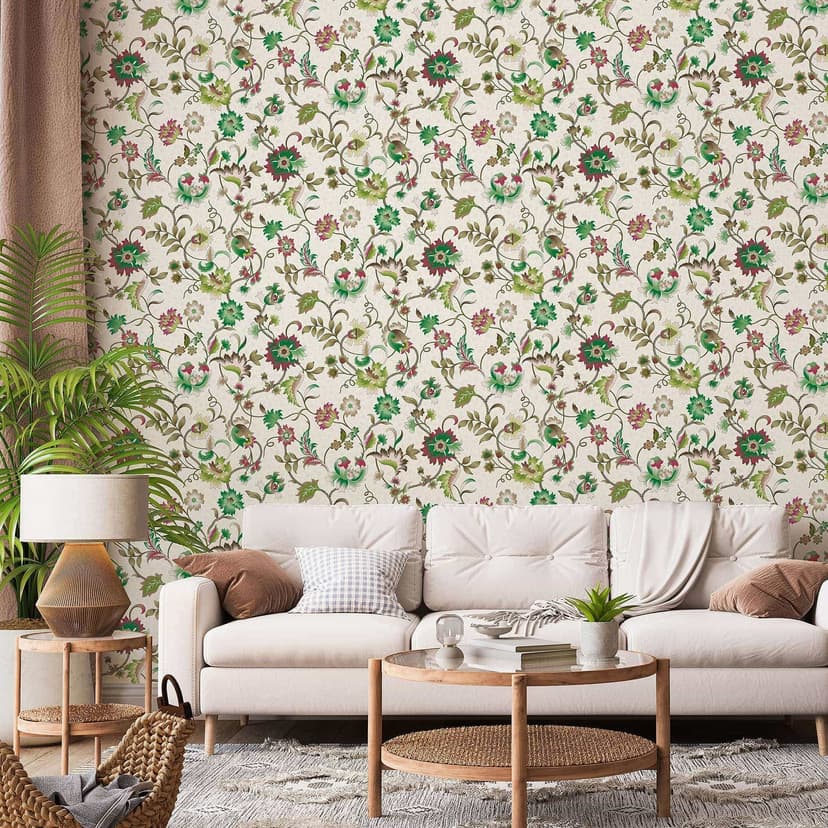 Papel pintado no tejido flores, hojas naturaleza floral en gris
