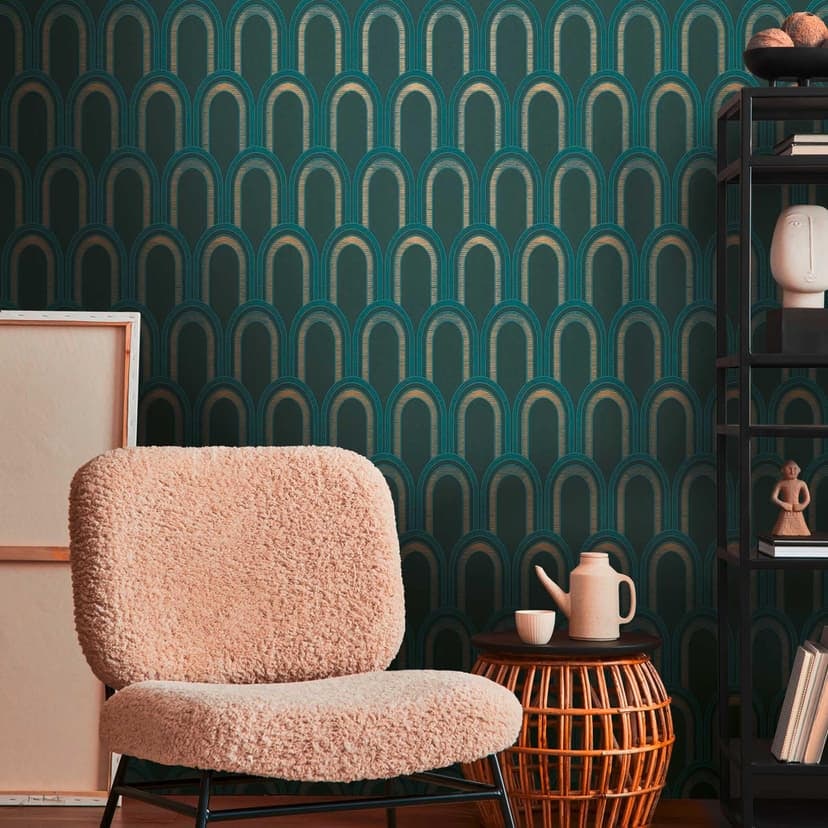 Papel pintado estampado con arcos estilo art deco verde azul - papel pintado grafico estilo retro