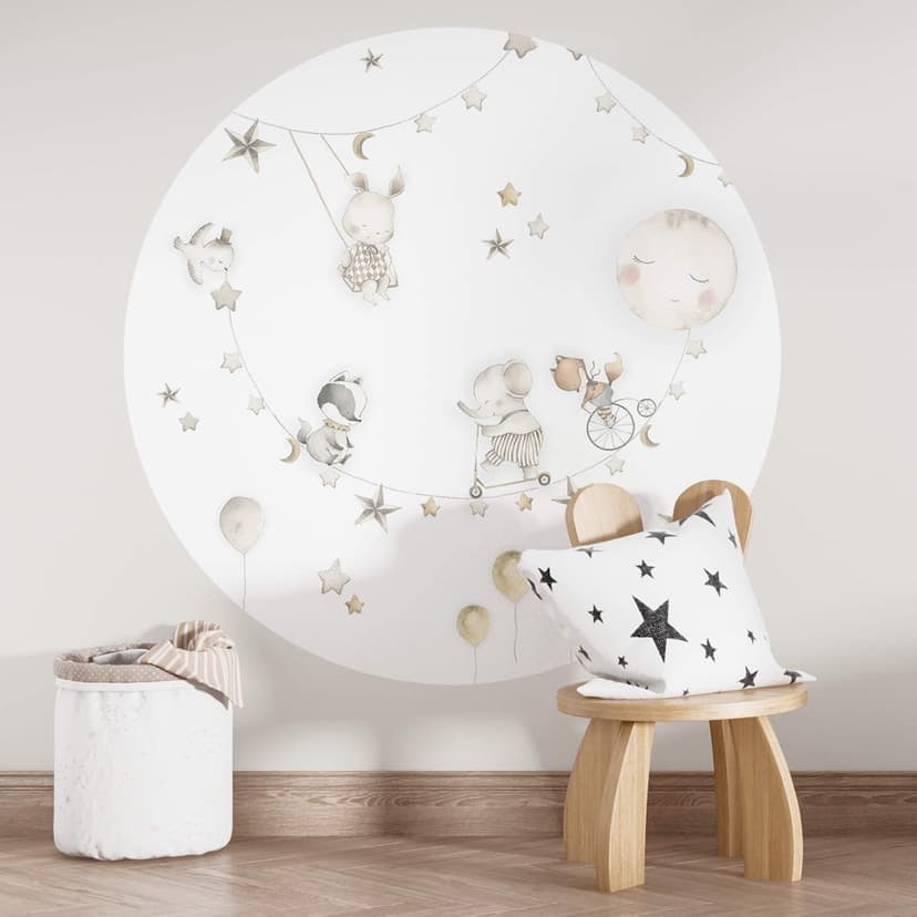 Vinilo decorativo infantil Animales felices con cielo estrellado - Oliver Robins - Redondo